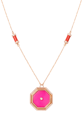 Hexagon Amulet Necklace, 18K Rose Gold with Agate  & Diamonds